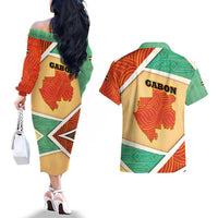 Gabon Couples Matching Off The Shoulder Long Sleeve Dress and Hawaiian Shirt with National Coat of Arms and Tribal Pattern Map Design in Bold Colors