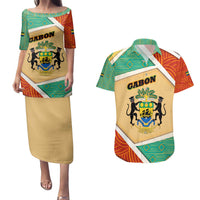 Gabon Couples Matching Puletasi and Hawaiian Shirt with National Coat of Arms and Tribal Pattern Map Design in Bold Colors