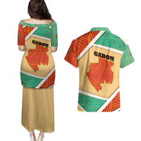 Gabon Couples Matching Puletasi and Hawaiian Shirt with National Coat of Arms and Tribal Pattern Map Design in Bold Colors