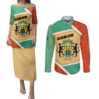Gabon Couples Matching Puletasi and Long Sleeve Button Shirt with National Coat of Arms and Tribal Pattern Map Design in Bold Colors