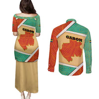 Gabon Couples Matching Puletasi and Long Sleeve Button Shirt with National Coat of Arms and Tribal Pattern Map Design in Bold Colors
