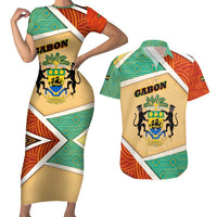 Gabon Couples Matching Short Sleeve Bodycon Dress and Hawaiian Shirt with National Coat of Arms and Tribal Pattern Map Design in Bold Colors
