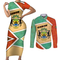 Gabon Couples Matching Short Sleeve Bodycon Dress and Long Sleeve Button Shirt with National Coat of Arms and Tribal Pattern Map Design in Bold Colors