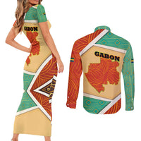 Gabon Couples Matching Short Sleeve Bodycon Dress and Long Sleeve Button Shirt with National Coat of Arms and Tribal Pattern Map Design in Bold Colors