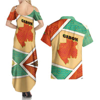 Gabon Couples Matching Summer Maxi Dress and Hawaiian Shirt with National Coat of Arms and Tribal Pattern Map Design in Bold Colors