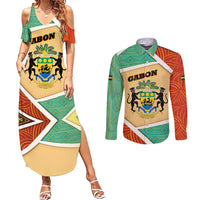 Gabon Couples Matching Summer Maxi Dress and Long Sleeve Button Shirt with National Coat of Arms and Tribal Pattern Map Design in Bold Colors
