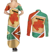 Gabon Couples Matching Summer Maxi Dress and Long Sleeve Button Shirt with National Coat of Arms and Tribal Pattern Map Design in Bold Colors