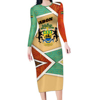 Gabon Family Matching Long Sleeve Bodycon Dress and Hawaiian Shirt with National Coat of Arms and Tribal Pattern Map Design in Bold Colors