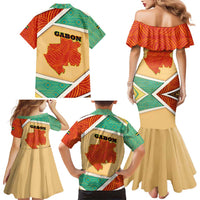 Gabon Family Matching Mermaid Dress and Hawaiian Shirt with National Coat of Arms and Tribal Pattern Map Design in Bold Colors