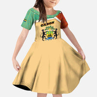 Gabon Family Matching Off The Shoulder Long Sleeve Dress and Hawaiian Shirt with National Coat of Arms and Tribal Pattern Map Design in Bold Colors