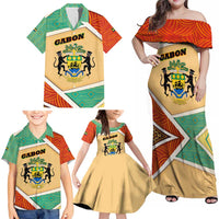 Gabon Family Matching Off Shoulder Maxi Dress and Hawaiian Shirt with National Coat of Arms and Tribal Pattern Map Design in Bold Colors