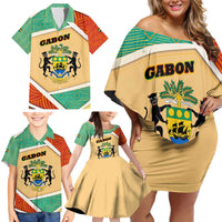 Gabon Family Matching Off Shoulder Short Dress and Hawaiian Shirt with National Coat of Arms and Tribal Pattern Map Design in Bold Colors