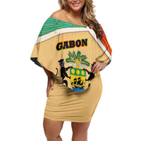 Gabon Family Matching Off Shoulder Short Dress and Hawaiian Shirt with National Coat of Arms and Tribal Pattern Map Design in Bold Colors