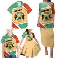 Gabon Family Matching Puletasi and Hawaiian Shirt with National Coat of Arms and Tribal Pattern Map Design in Bold Colors