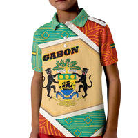 Gabon Kid Polo Shirt with National Coat of Arms and Tribal Pattern Map Design in Bold Colors
