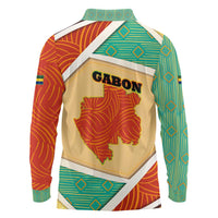 Gabon Long Sleeve Polo Shirt with National Coat of Arms and Tribal Pattern Map Design in Bold Colors