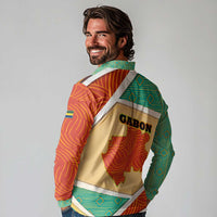 Gabon Long Sleeve Polo Shirt with National Coat of Arms and Tribal Pattern Map Design in Bold Colors