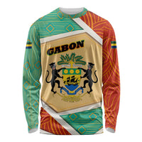 Gabon Long Sleeve Shirt with National Coat of Arms and Tribal Pattern Map Design in Bold Colors