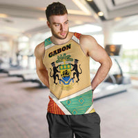 Gabon Men Tank Top with National Coat of Arms and Tribal Pattern Map Design in Bold Colors