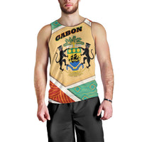 Gabon Men Tank Top with National Coat of Arms and Tribal Pattern Map Design in Bold Colors