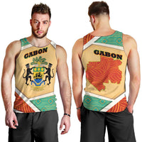 Gabon Men Tank Top with National Coat of Arms and Tribal Pattern Map Design in Bold Colors