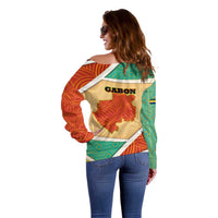 Gabon Off Shoulder Sweater with National Coat of Arms and Tribal Pattern Map Design in Bold Colors