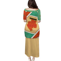 Gabon Puletasi with National Coat of Arms and Tribal Pattern Map Design in Bold Colors