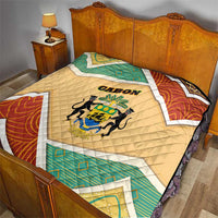Gabon Quilt with National Coat of Arms and Tribal Pattern Map Design in Bold Colors