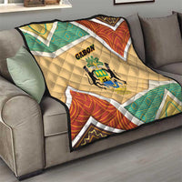 Gabon Quilt with National Coat of Arms and Tribal Pattern Map Design in Bold Colors