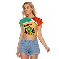 Gabon Raglan Cropped T Shirt with National Coat of Arms and Tribal Pattern Map Design in Bold Colors