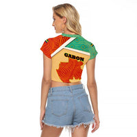 Gabon Raglan Cropped T Shirt with National Coat of Arms and Tribal Pattern Map Design in Bold Colors