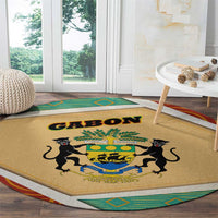 Gabon Round Carpet with National Coat of Arms and Tribal Pattern Map Design in Bold Colors