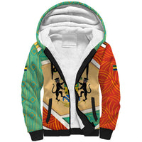 Gabon Sherpa Hoodie with National Coat of Arms and Tribal Pattern Map Design in Bold Colors