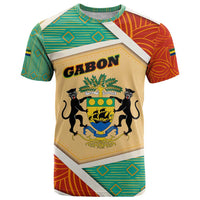Gabon T Shirt with National Coat of Arms and Tribal Pattern Map Design in Bold Colors