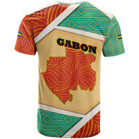 Gabon T Shirt with National Coat of Arms and Tribal Pattern Map Design in Bold Colors