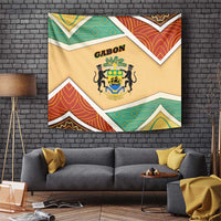 Gabon Tapestry with National Coat of Arms and Tribal Pattern Map Design in Bold Colors