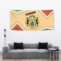 Gabon Tapestry with National Coat of Arms and Tribal Pattern Map Design in Bold Colors