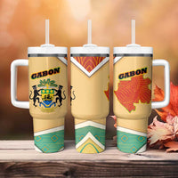 Gabon Tumbler With Handle with National Coat of Arms and Tribal Pattern Map Design in Bold Colors