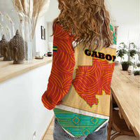 Gabon Women Casual Shirt with National Coat of Arms and Tribal Pattern Map Design in Bold Colors
