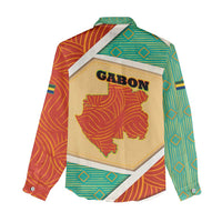 Gabon Women Casual Shirt with National Coat of Arms and Tribal Pattern Map Design in Bold Colors