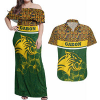 Gabon Couples Matching Off Shoulder Maxi Dress and Hawaiian Shirt with Tribal Print and Fierce Panther Graphic in National Flag Colors - Wonder Print Shop
