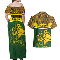 Gabon Couples Matching Off Shoulder Maxi Dress and Hawaiian Shirt with Tribal Print and Fierce Panther Graphic in National Flag Colors - Wonder Print Shop