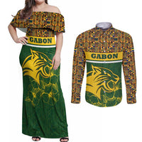 Gabon Couples Matching Off Shoulder Maxi Dress and Long Sleeve Button Shirt with Tribal Print and Fierce Panther Graphic in National Flag Colors - Wonder Print Shop