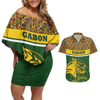 Gabon Couples Matching Off Shoulder Short Dress and Hawaiian Shirt with Tribal Print and Fierce Panther Graphic in National Flag Colors - Wonder Print Shop