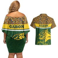 Gabon Couples Matching Off Shoulder Short Dress and Hawaiian Shirt with Tribal Print and Fierce Panther Graphic in National Flag Colors - Wonder Print Shop