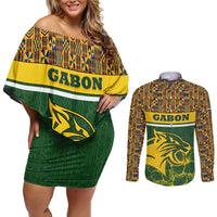 Gabon Couples Matching Off Shoulder Short Dress and Long Sleeve Button Shirt with Tribal Print and Fierce Panther Graphic in National Flag Colors - Wonder Print Shop