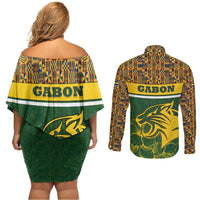 Gabon Couples Matching Off Shoulder Short Dress and Long Sleeve Button Shirt with Tribal Print and Fierce Panther Graphic in National Flag Colors - Wonder Print Shop