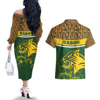 Gabon Couples Matching Off The Shoulder Long Sleeve Dress and Hawaiian Shirt with Tribal Print and Fierce Panther Graphic in National Flag Colors - Wonder Print Shop
