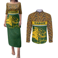 Gabon Couples Matching Puletasi and Long Sleeve Button Shirt with Tribal Print and Fierce Panther Graphic in National Flag Colors - Wonder Print Shop
