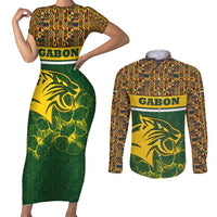 Gabon Couples Matching Short Sleeve Bodycon Dress and Long Sleeve Button Shirt with Tribal Print and Fierce Panther Graphic in National Flag Colors - Wonder Print Shop